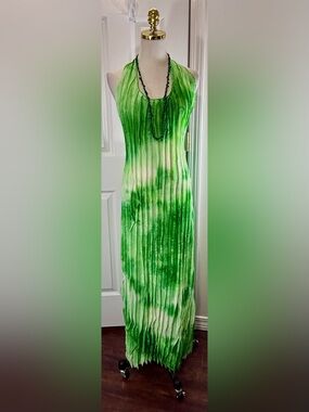 MICAS Green/White Tie Dye Pleated Crinkle Halter Maxi Dress Sleeveless Size XL